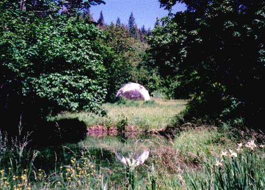 Geodesic dome reflected in one of the Twin Ponds.